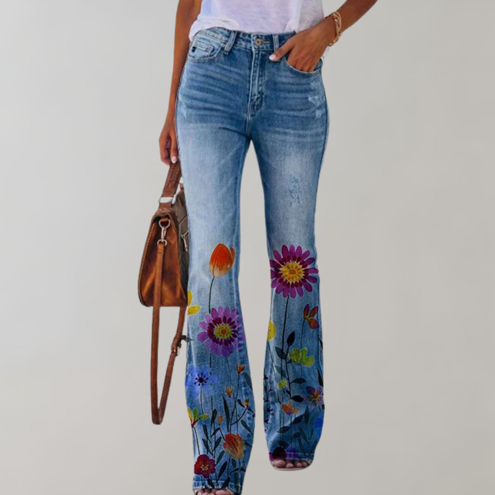 Blomsterinspirerede Flared Jeans – Et Statement i Denim