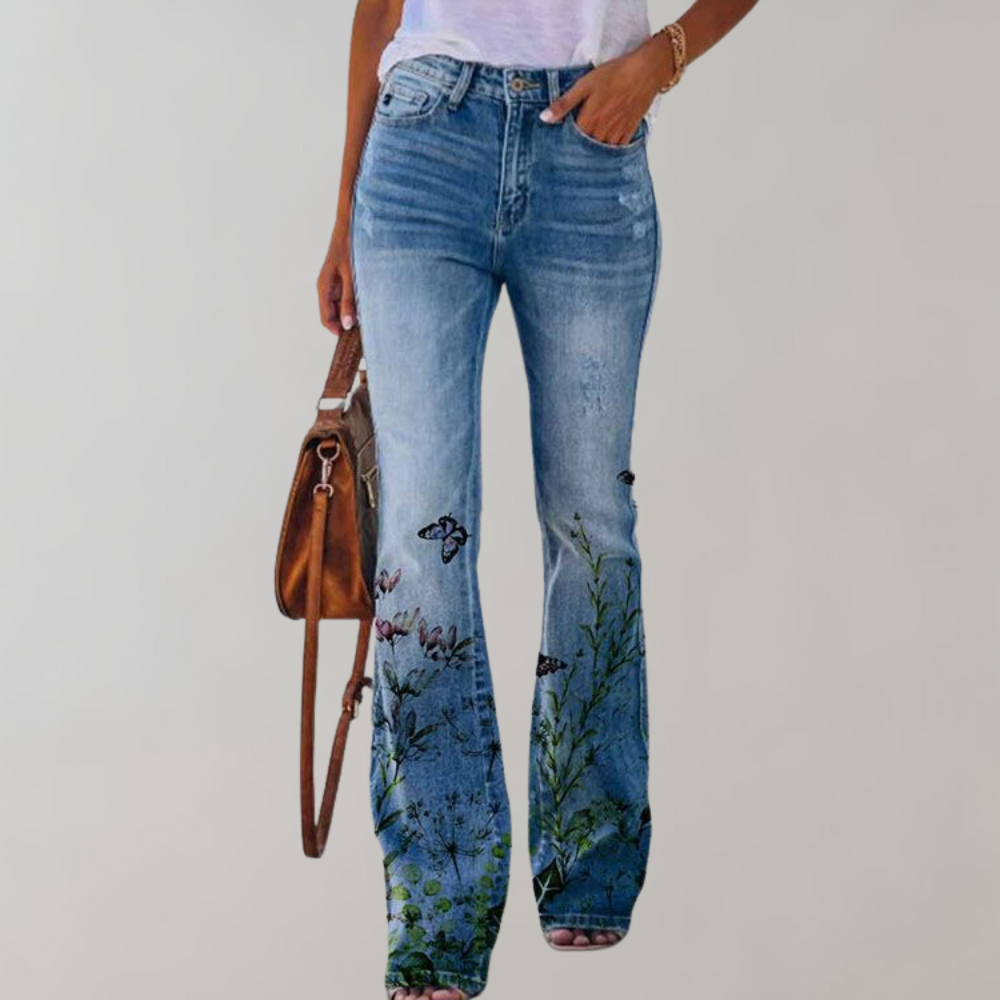 Blomsterinspirerede Flared Jeans – Et Statement i Denim