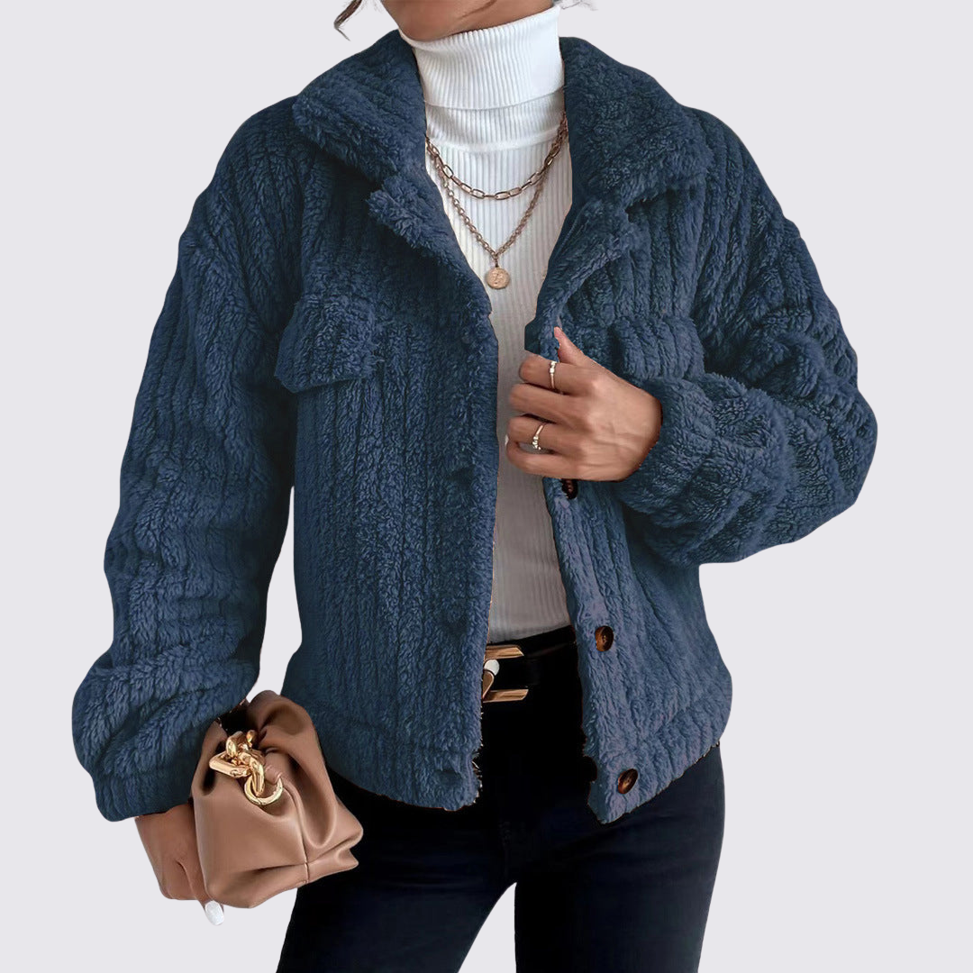 Dame Teddy Jakke med knapper – Langærmet – Blød pasform