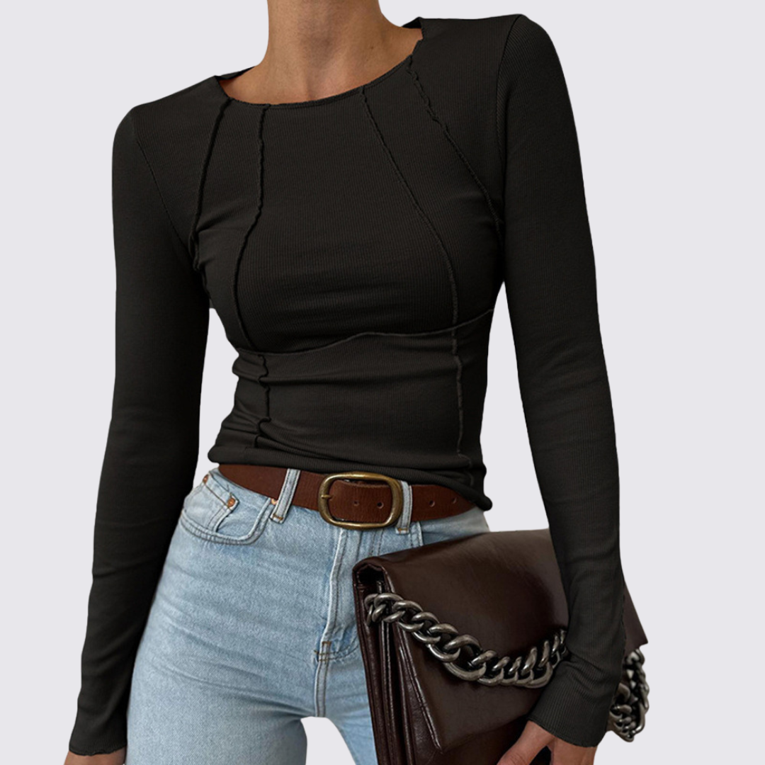 Dame Langærmet Overdel – Rund Hals – Ribbebånd