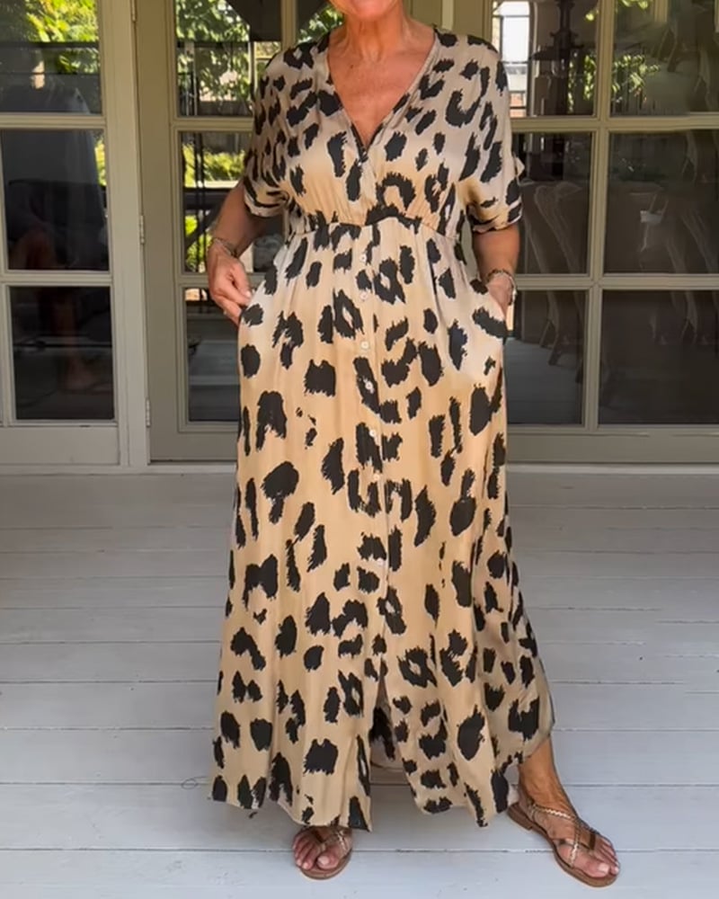 Elegant Maxikjole med Leopardmønster og V-Hals