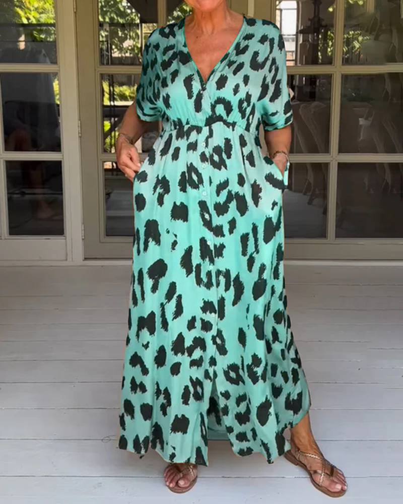 Elegant Maxikjole med Leopardmønster og V-Hals