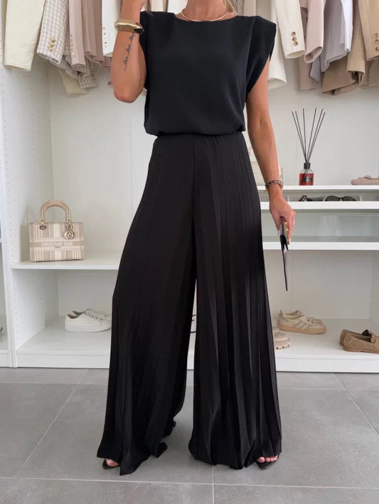 Dam Jumpsuit med Plisserade Ben och Vida Passform