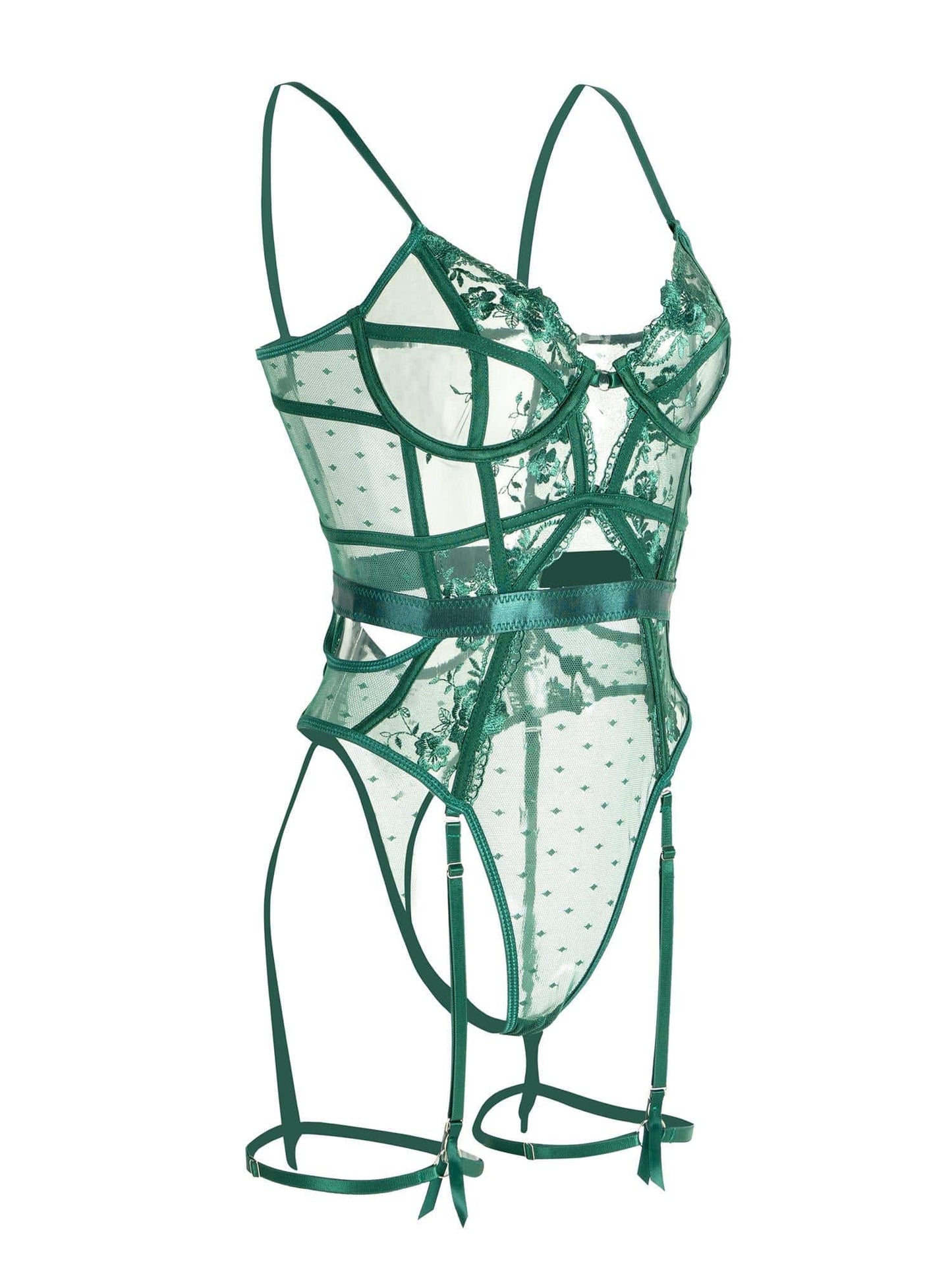 Sensation - Grønt Blonde Bodystocking med Støttende Konstruktionsbøjle