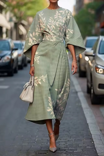 Konstfullt Midi-Klänning med Blommig Design och Elegant Silhuett