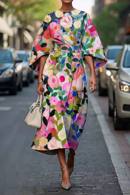 Konstfullt Midi-Klänning med Blommig Design och Elegant Silhuett