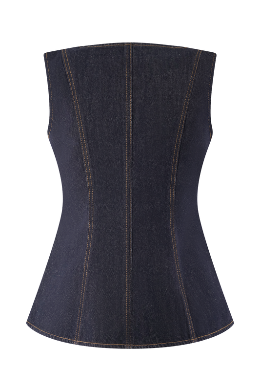 Elegant denimset med korsettop och raka byxor