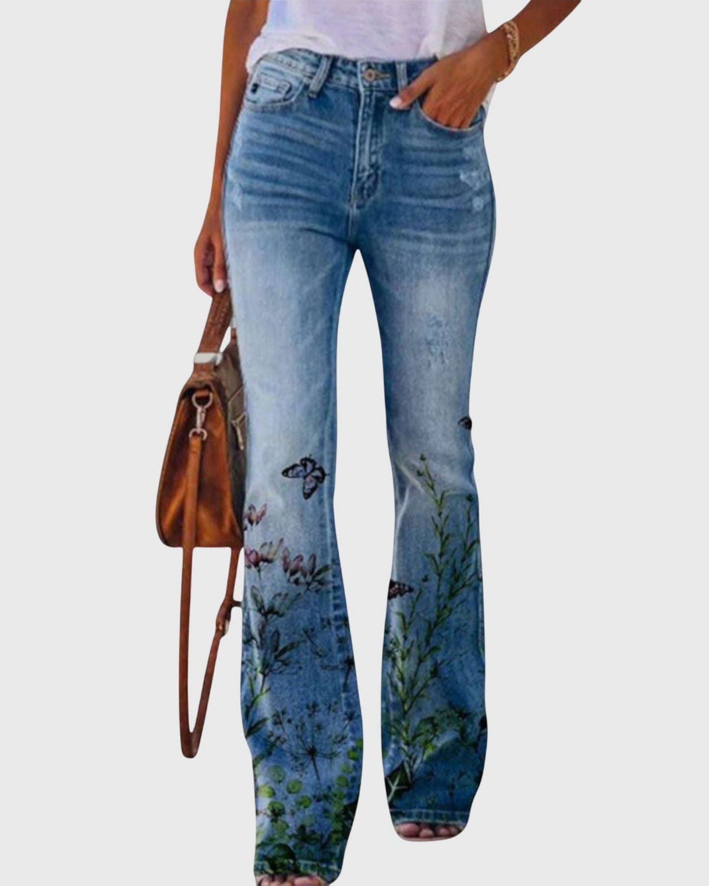 Farverige Højtaljede Jeans med Botanisk Design