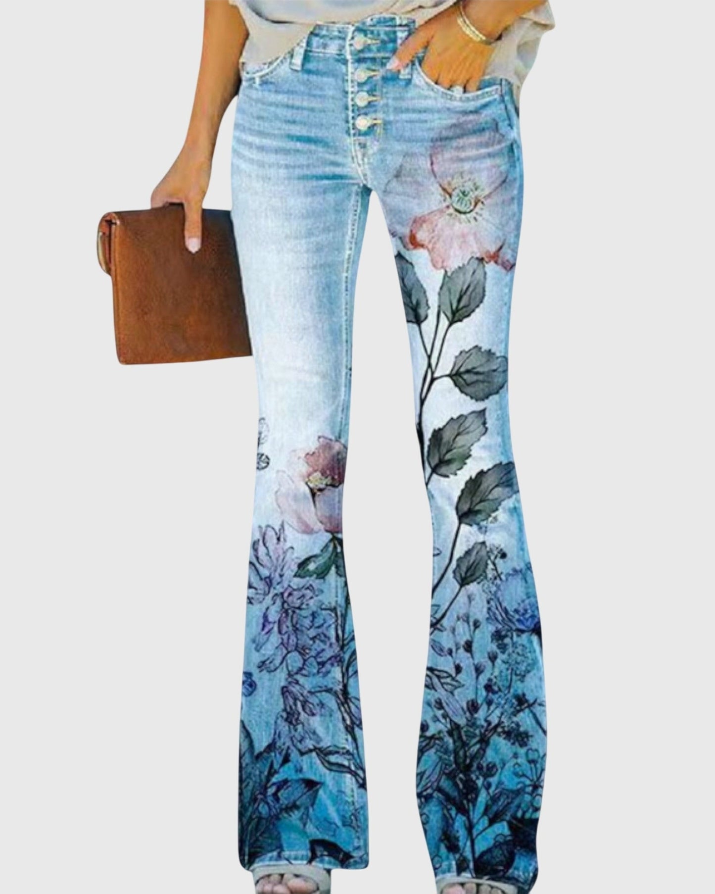 Farverige Højtaljede Jeans med Botanisk Design