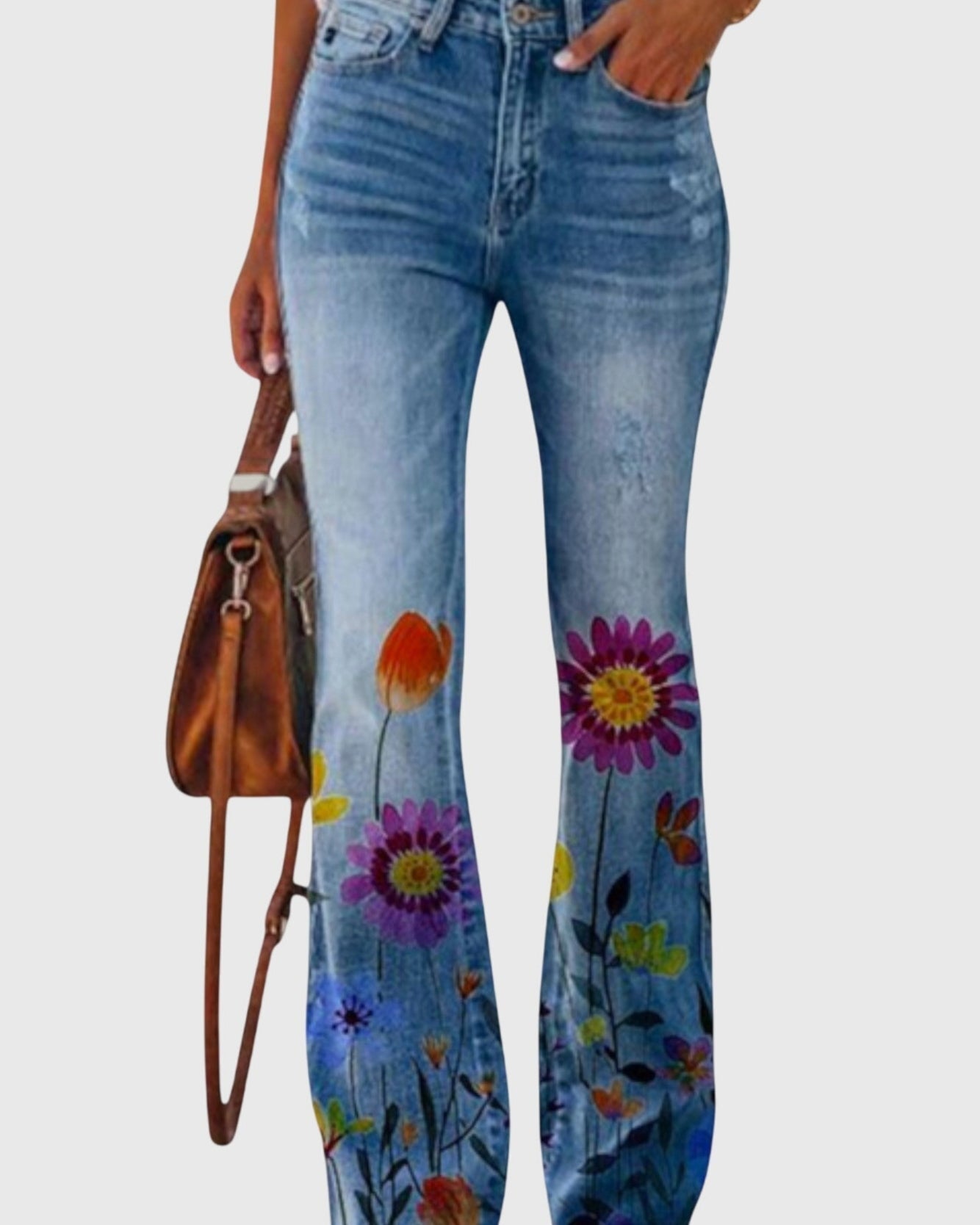 Farverige Højtaljede Jeans med Botanisk Design