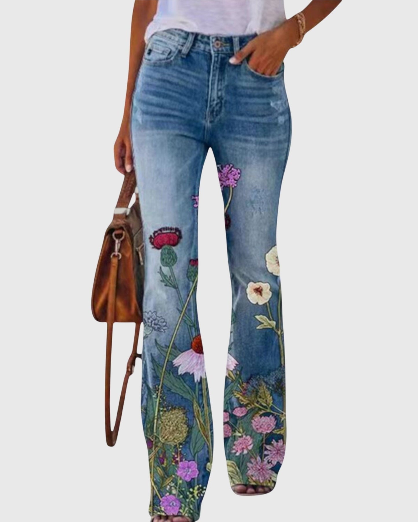 Farverige Højtaljede Jeans med Botanisk Design