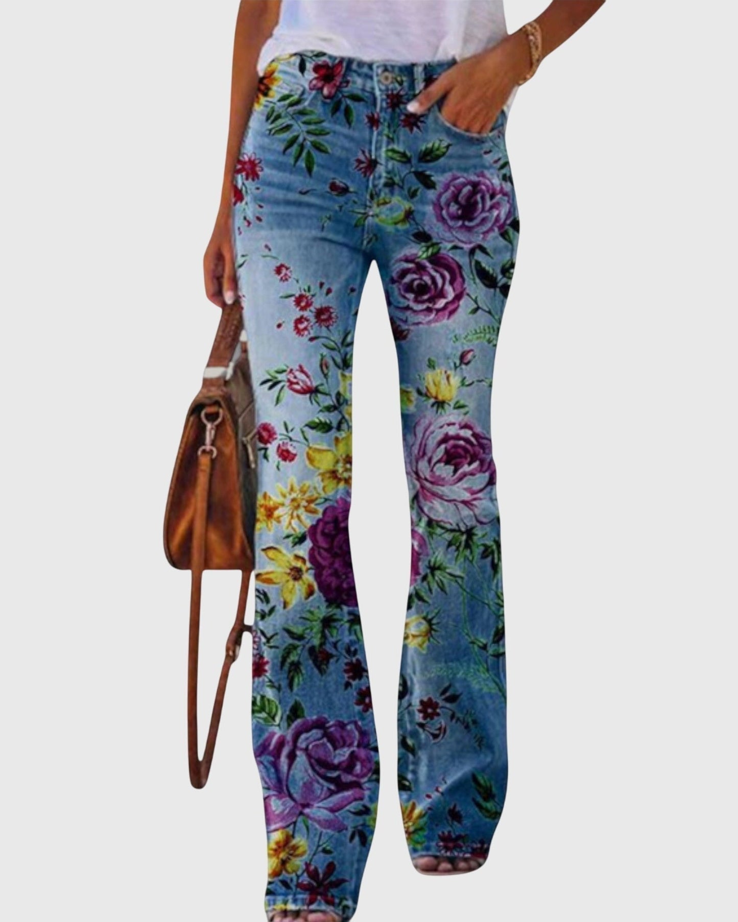 Farverige Højtaljede Jeans med Botanisk Design