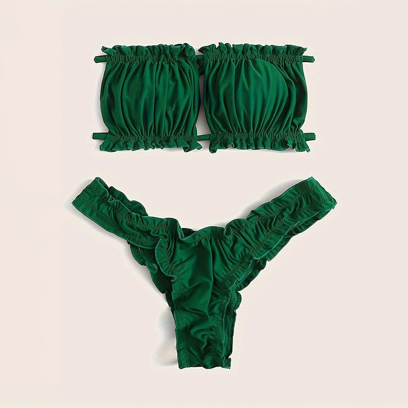 Feminint Bandeau-Bikini med Rynkor och Justerbara Remmar