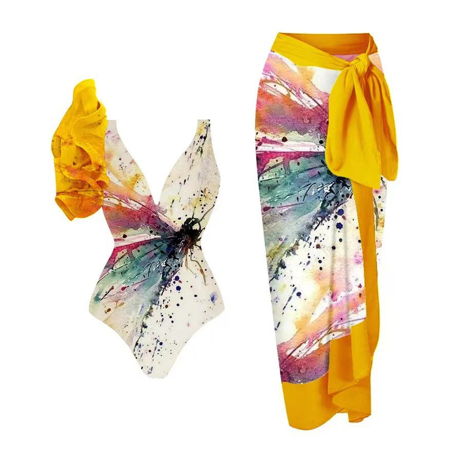 Kvinnors Baddräktset med Blommigt Mönster och Chic Sarong
