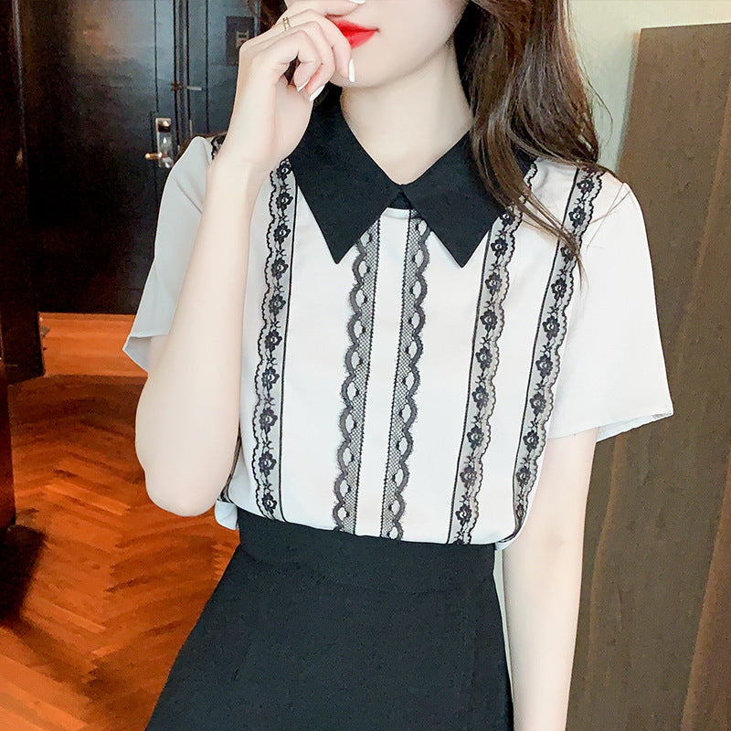 Feminine Bluse med Spidsdetaljer og Stribedesign