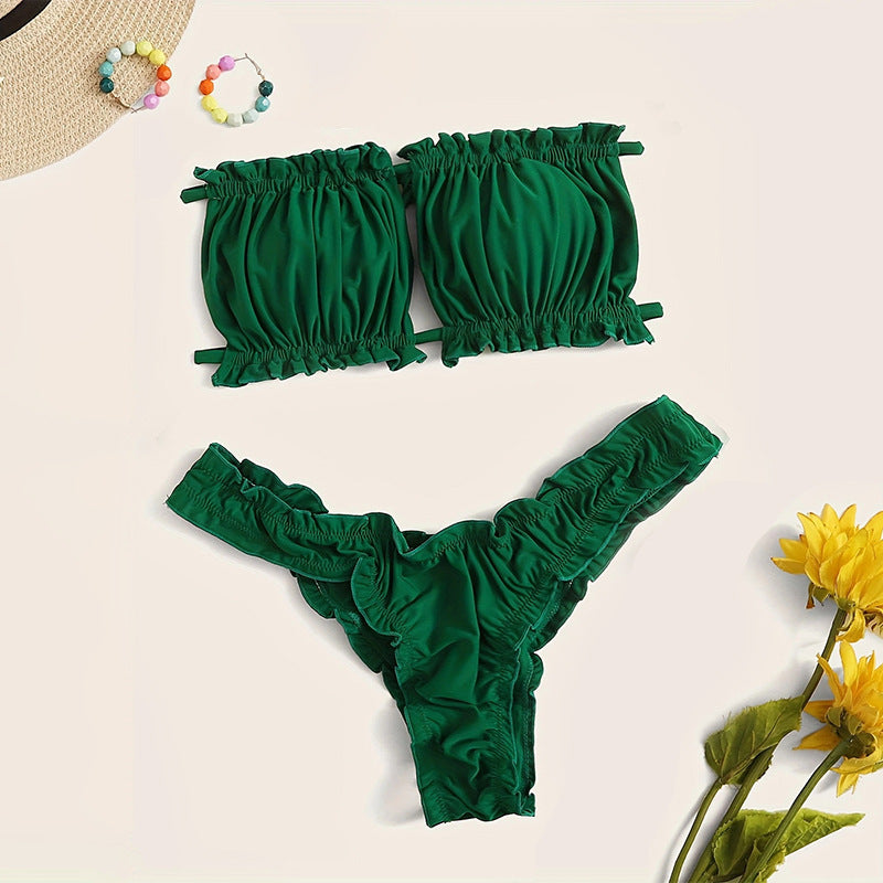 Feminint Bandeau-Bikini med Rynkor och Justerbara Remmar