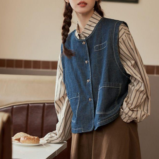 Stilfuld Denim Vest til Kvinder med Knapper og Lommer