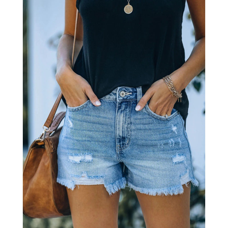 Kvinders Slidt Jeansshorts med Høj Talje og Flæset Kant