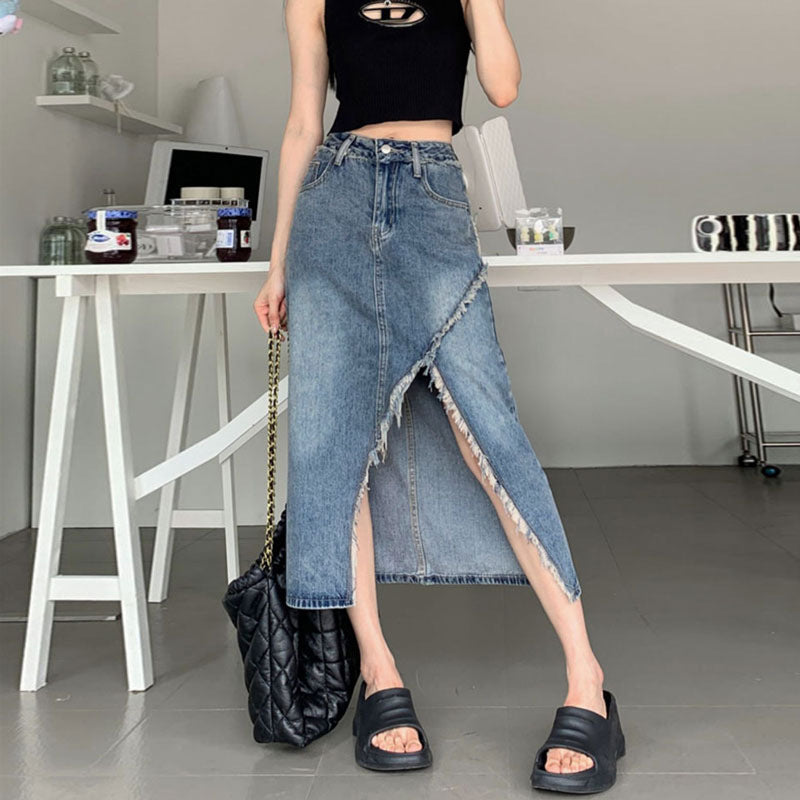 Asymmetrisk Denim Midi-Rock til Modebevidste Kvinder