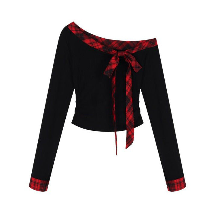 Feminint Crop-Top med Off-Shoulder Design og Karakteristisk Sløjfe