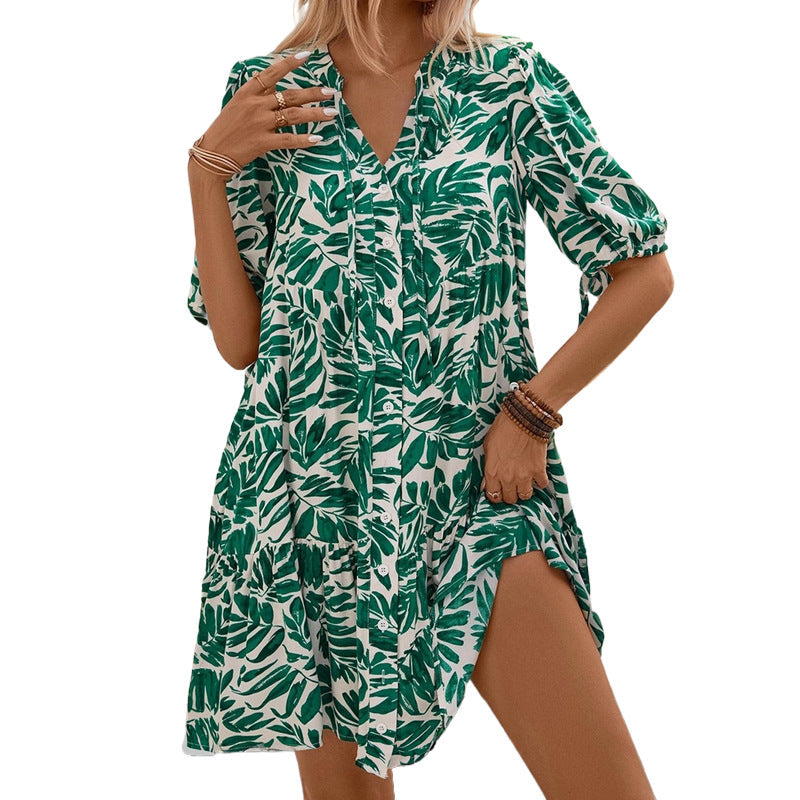 Feminint Blusenkjole med Botanisk Motif fra NaturElegance