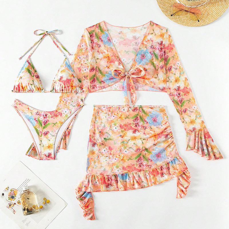 Blomstrande Bikiniset med Crop-Top och Ryschshorts