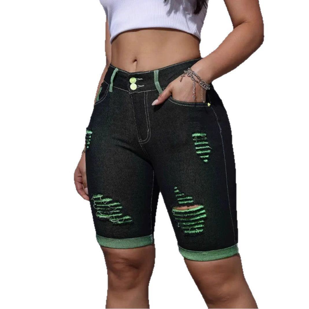 Styliske Denim-Shorts til kvinder med høj talje og neon-detaljer