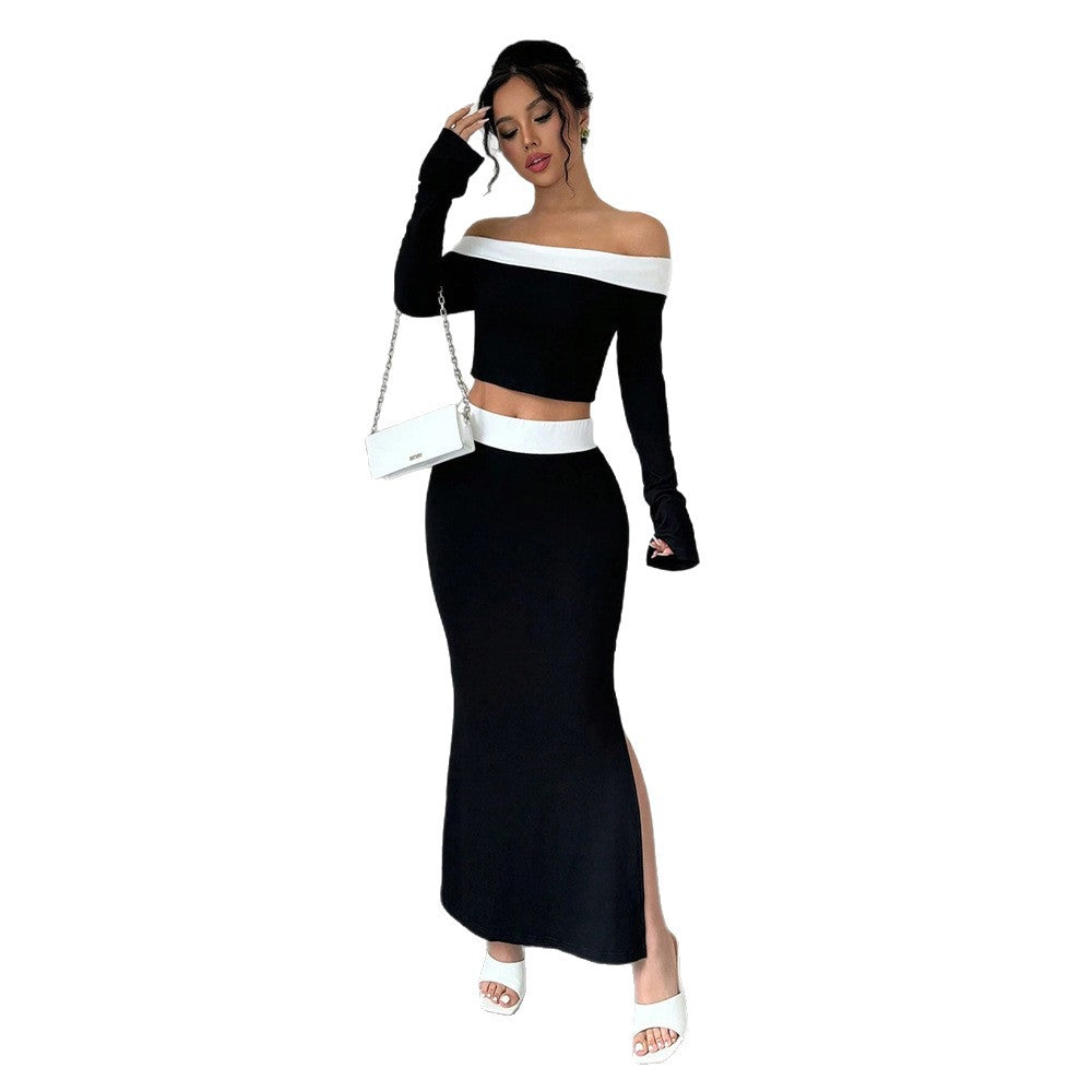 Feminin Crop-Top og Maxiskørt Sæt med Skulderfri Design