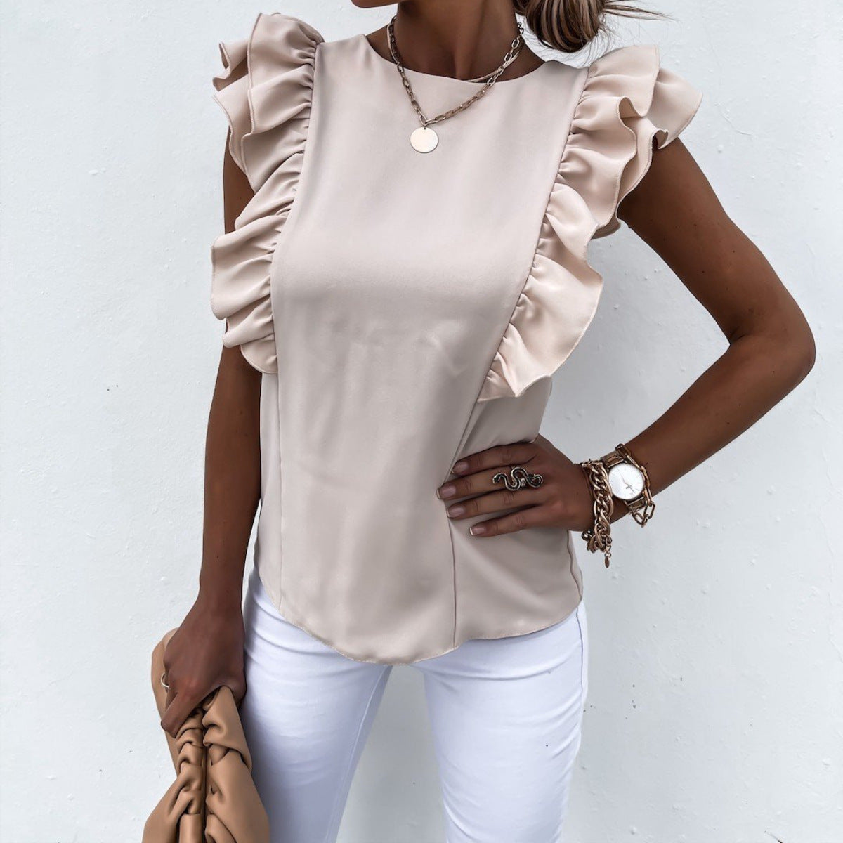Feminine Bluse med Rynkede Ærmer – Stilfuld Elegance