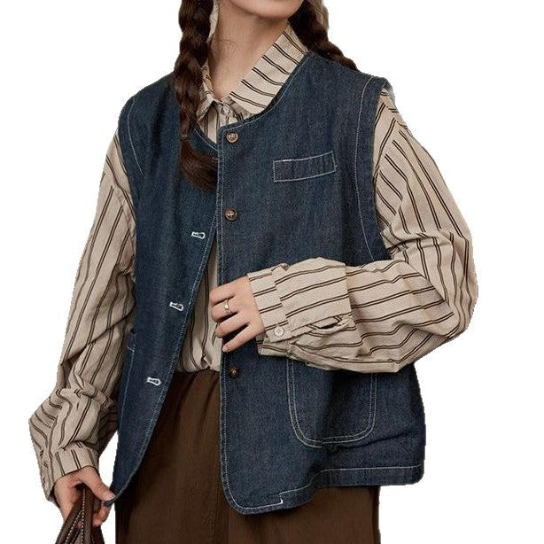 Stilfuld Denim Vest til Kvinder med Knapper og Lommer