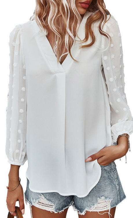 Elegant Bluse med Gennemsigtige Puffærmer og Prikket Design