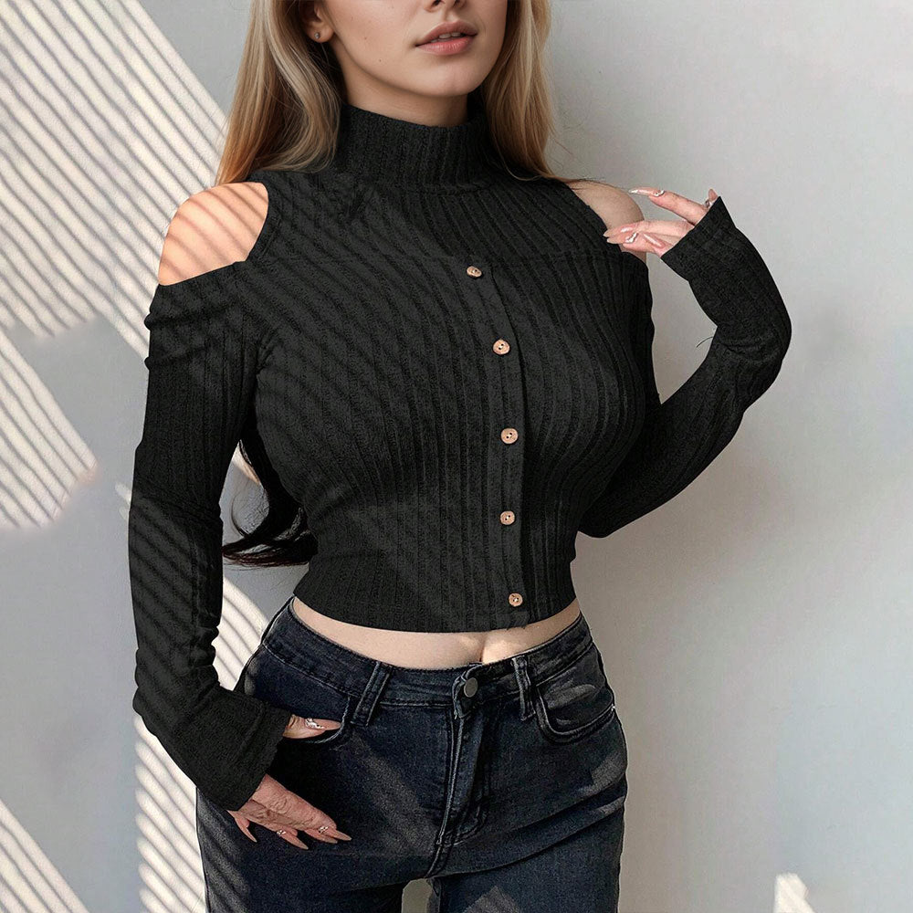Chic cropped langærmet trøje med off-shoulder detaljer