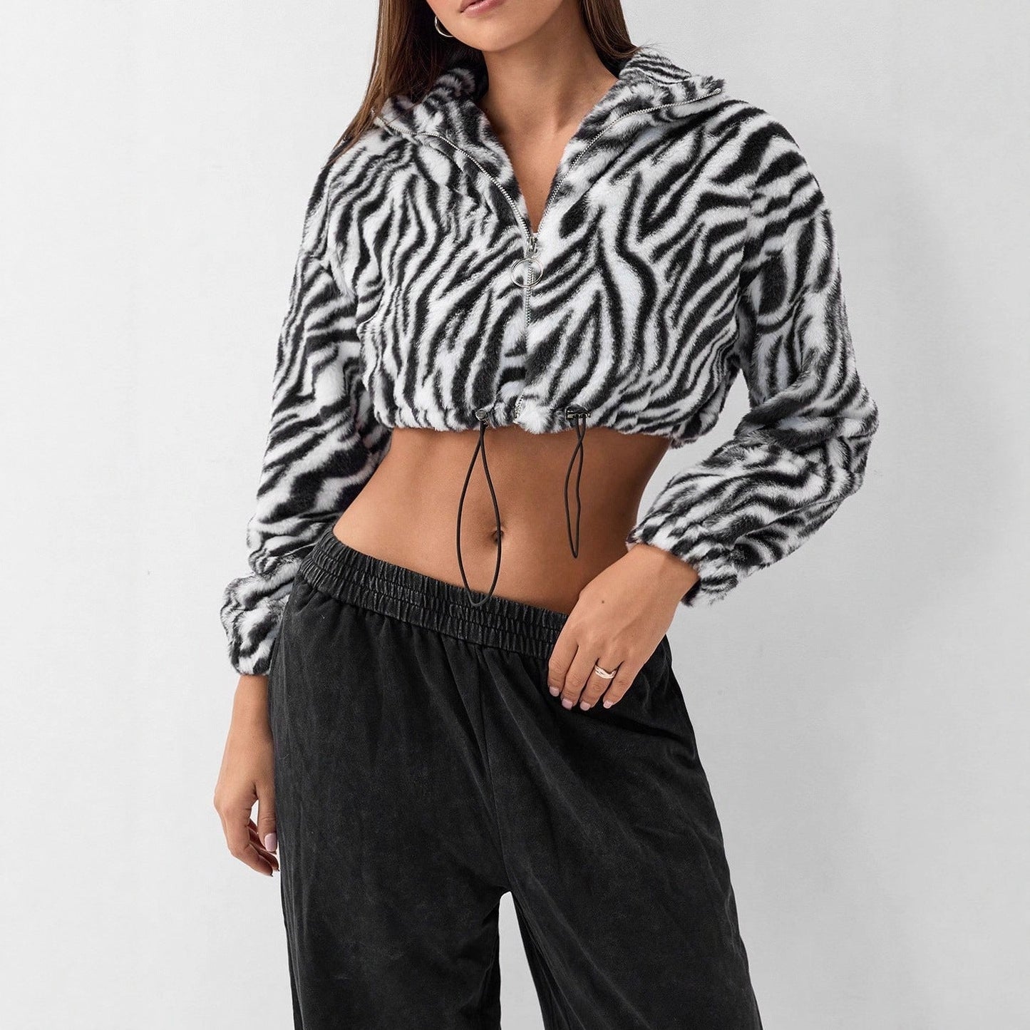 Moderne cropped Fleece-Jakke med zebra-mønster til damer