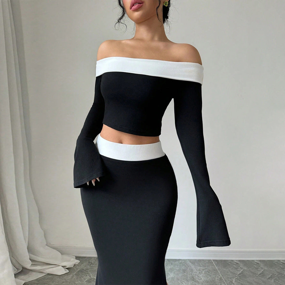 Feminin Crop-Top og Maxiskørt Sæt med Skulderfri Design