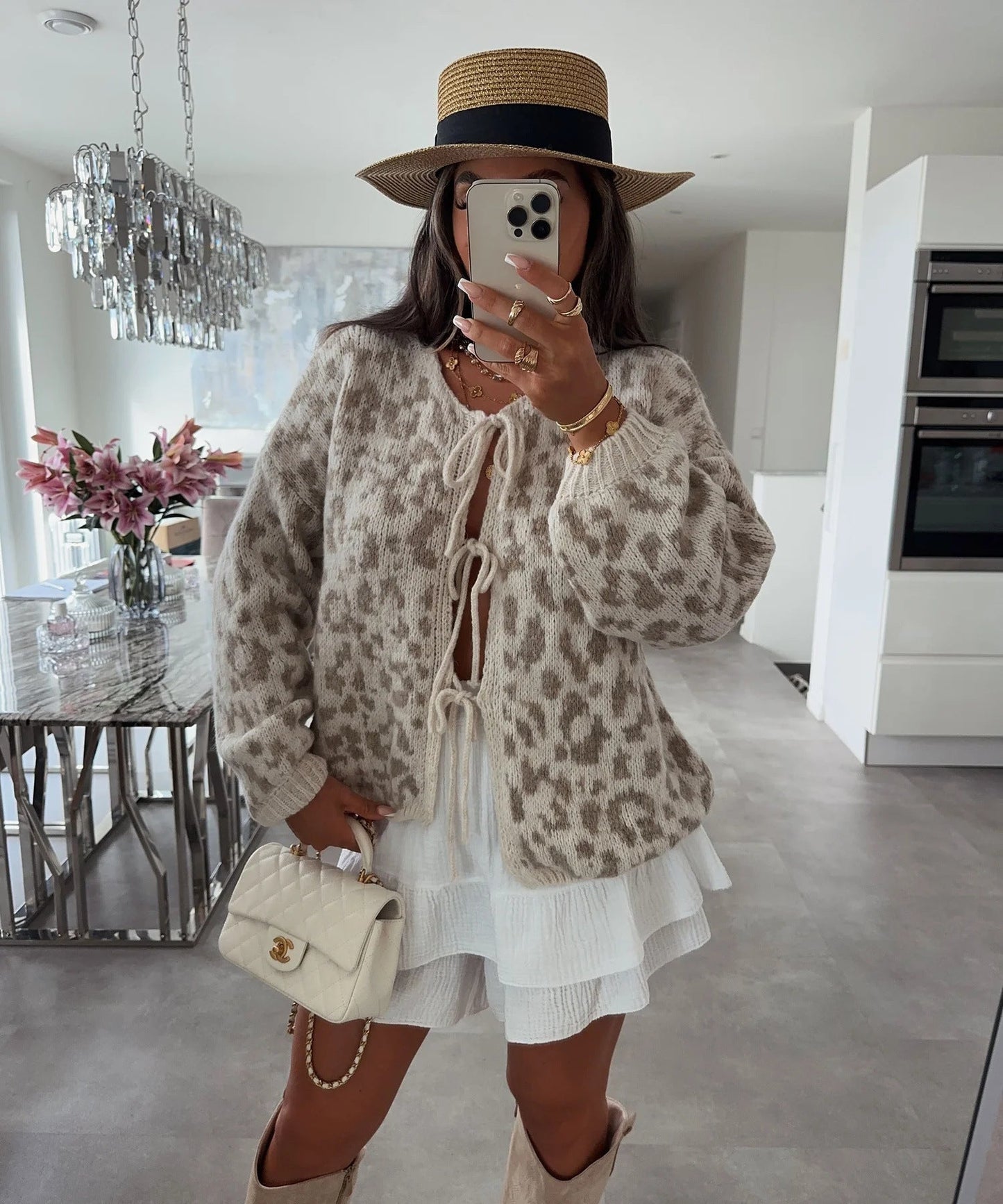 Elegant Cardigan med Dyreprint og Slidser i Bindebånd