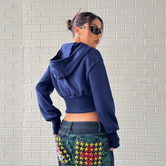 Trendsetting cropped hættetrøje med lynlås og rummelige ærmer