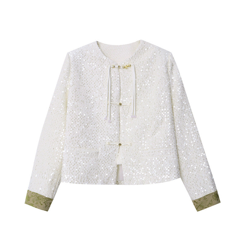 Chic Bouclé-Jacke med Glitrende Detaljer