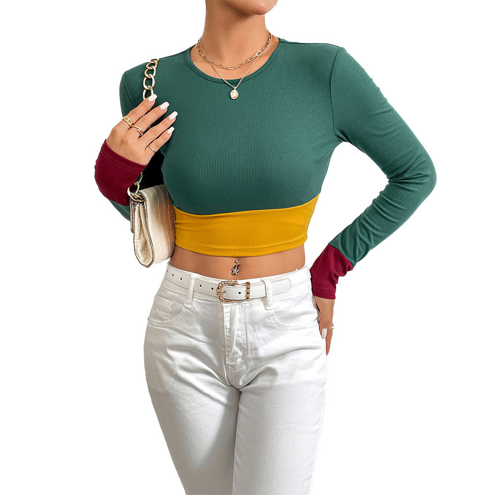 Stilfuldt Farveblok Crop-Top med Lange Ærmer