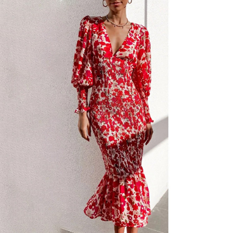 Feminint Bodycon Kjole med Volangkant og Blomsterprint