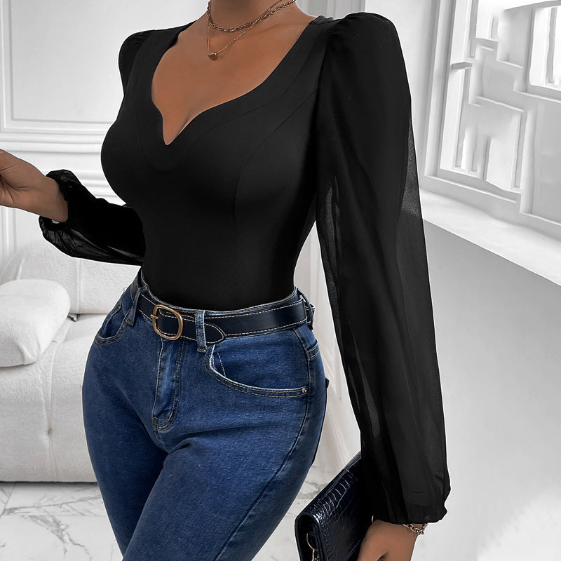 Elegant Body för Kvinnor med Läcker Puffärm och V-ringning