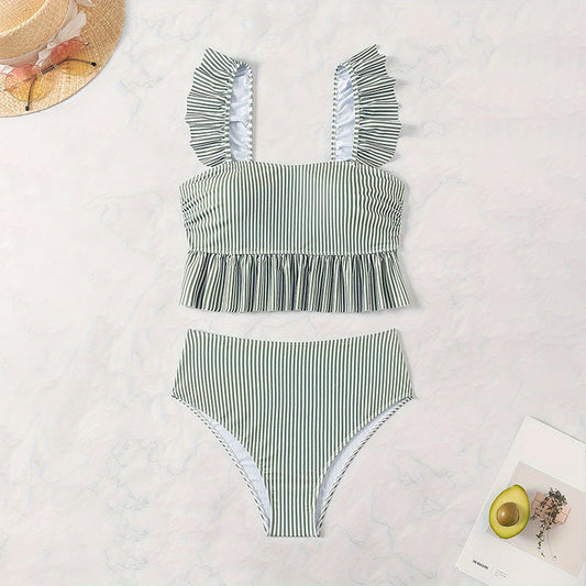Elegant Bikiniset med Feminin Rynkdesign och Hög Midja