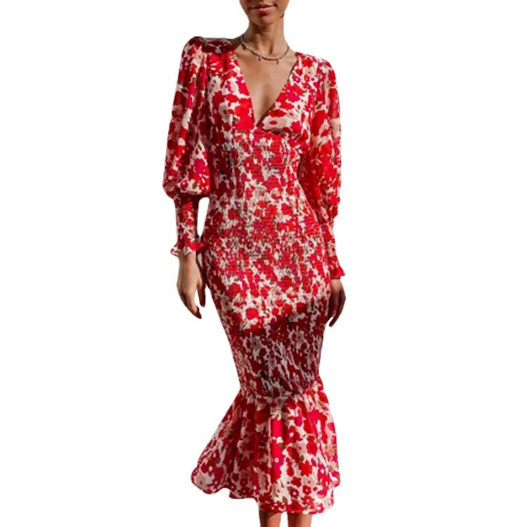 Feminint Bodycon Kjole med Volangkant og Blomsterprint