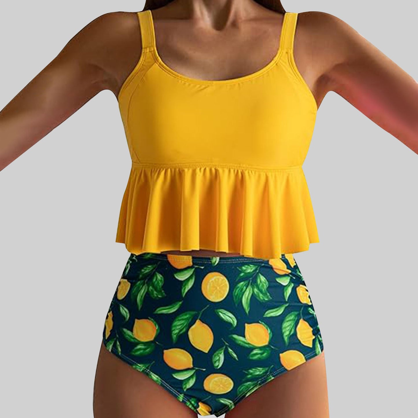 Feminint Badset med Lekfull Volangdesign och Hög Midja