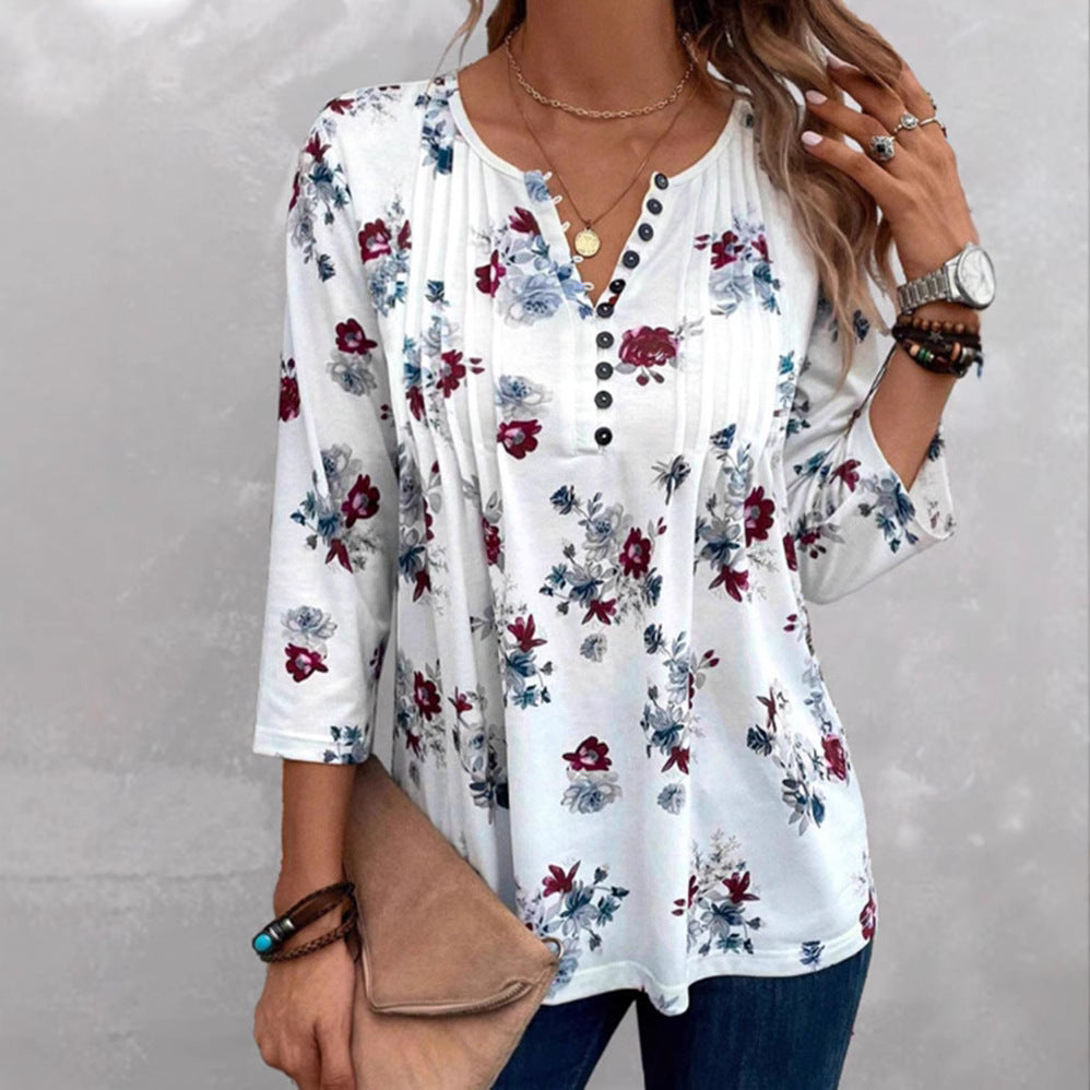 Feminine Bluse med Blomsterprint og Knappedesign