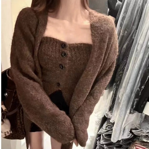 Elegant Cardigan med Åbne Front og Knapdetaljer