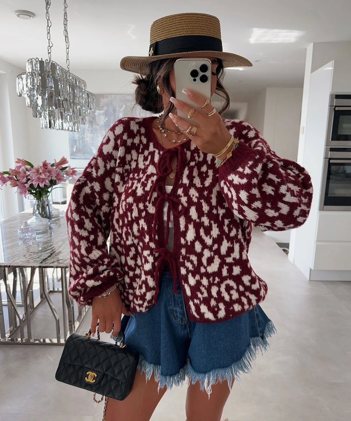 Elegant Cardigan med Dyreprint og Slidser i Bindebånd