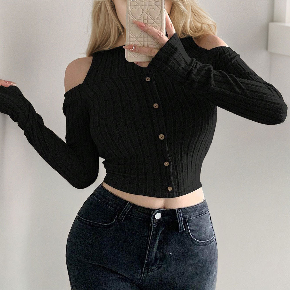 Chic cropped langærmet trøje med off-shoulder detaljer