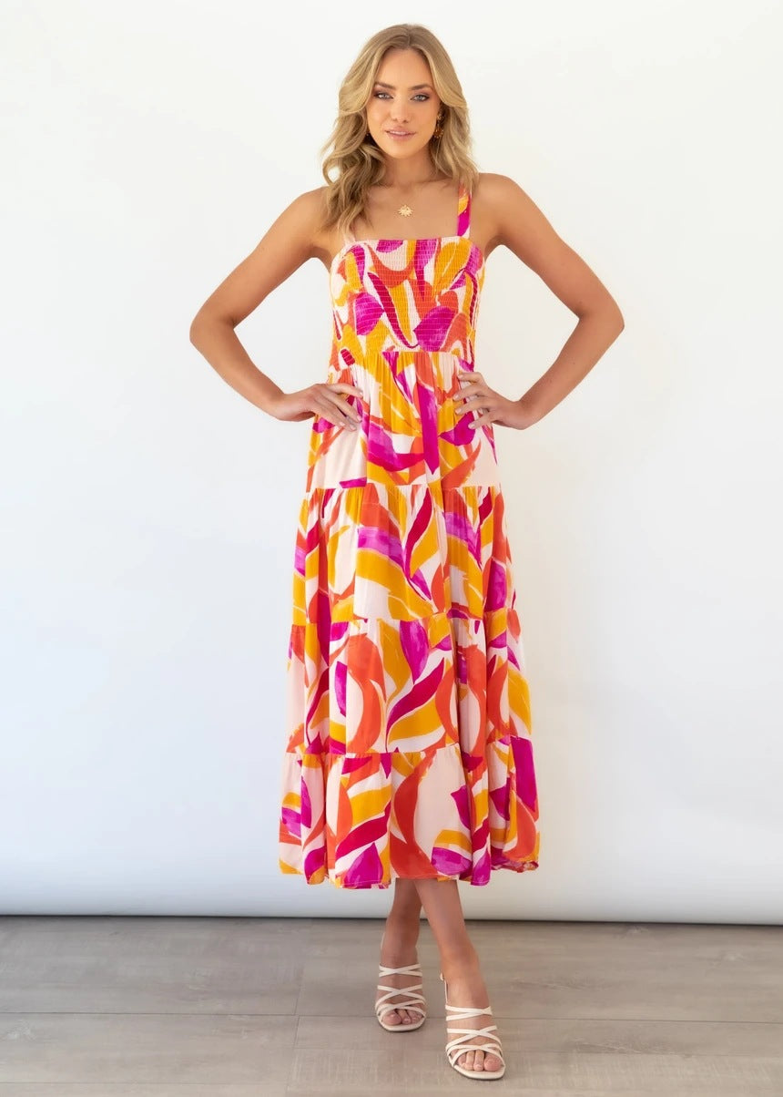 Feminint Maxikjole med Blomsterprint og Elastisk Top