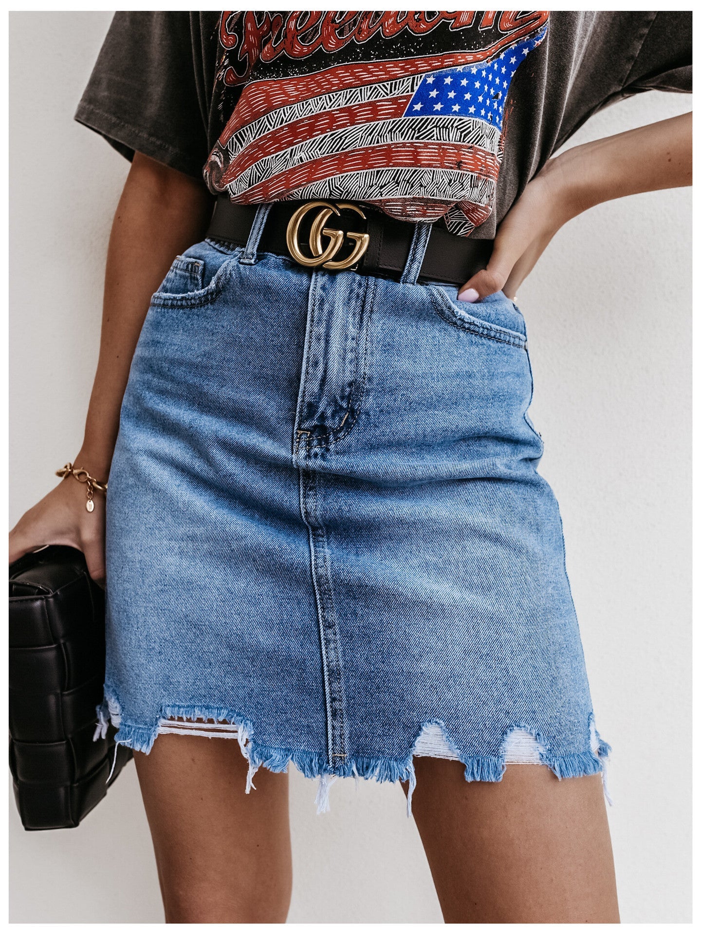Vintage-Inspireret Denim Miniskirt med Fringed Kant