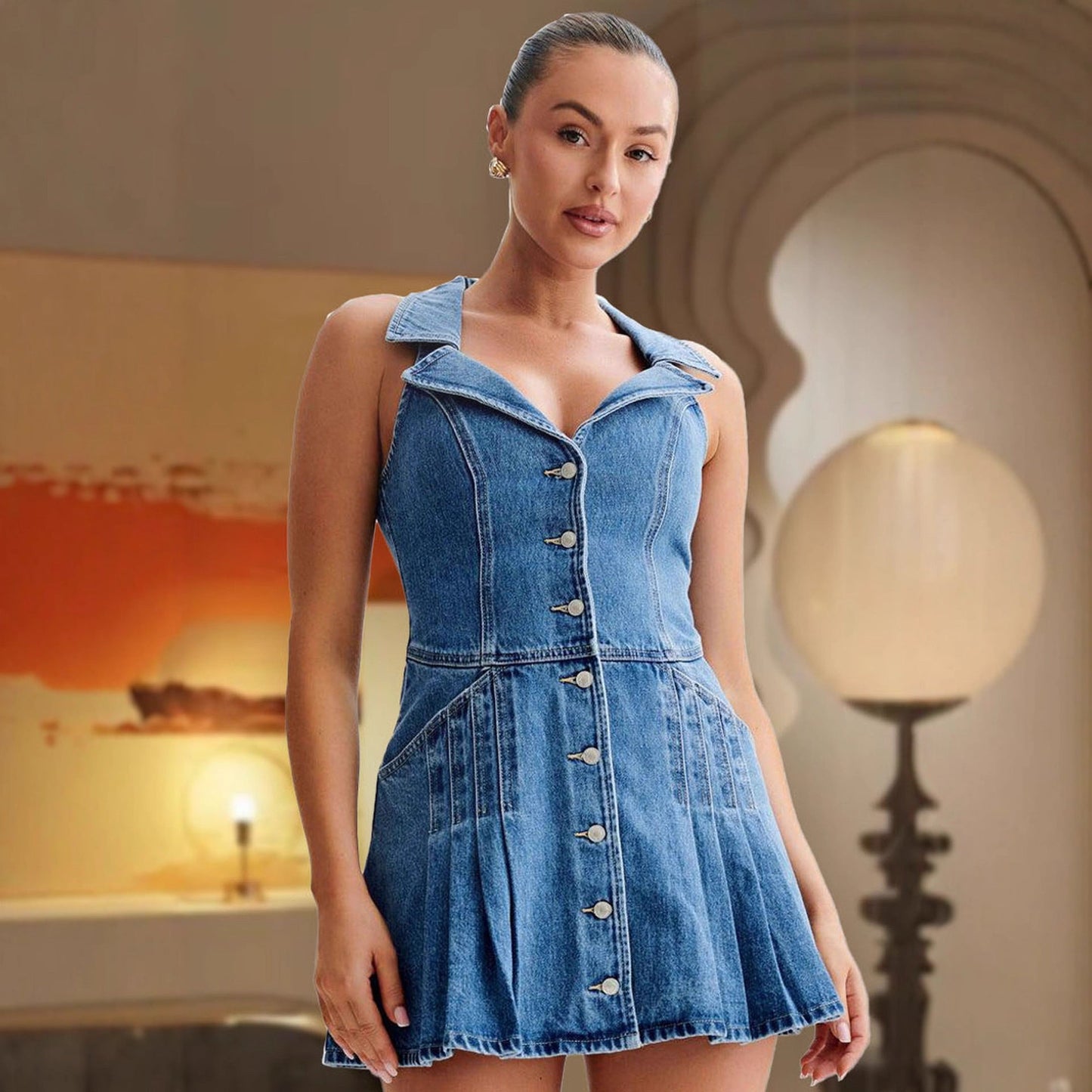 Stilfuldt Denim-Kjole med Knapdetaljer fra ModeEssens